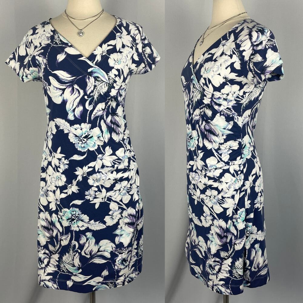 Soft Surroundings Shapely Faux Wrap Dress Medium Blue Floral Cotton Stretch Boho - Picture 12 of 12
